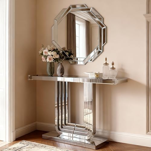 U-Shaped Silver Mirrored Console Table and Wall Mirror Set, 2 Piece Silver - Image 4