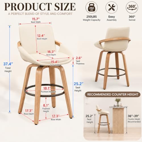 25.2" Swivel Bar Stool with Back Cream White Leather Kitchen Barstool Chair - Image 2