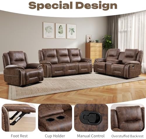 EBELLO Faux Leather Manual Recliner Sofa Set, 1 Seat Reclining Chair, a Loveseat - Image 3