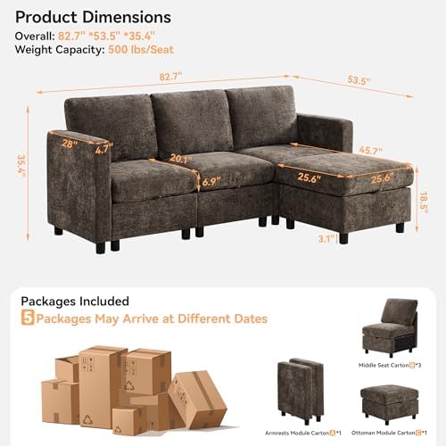 WUTUTUEE 83'' Modular Sectional Sofa Convertible L Shaped Couch Set - Image 2