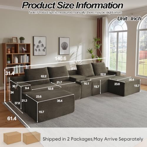 141" Oversized U Shaped Cloud Sectional Boneless Corduroy Sofa Couch Brown - Image 4
