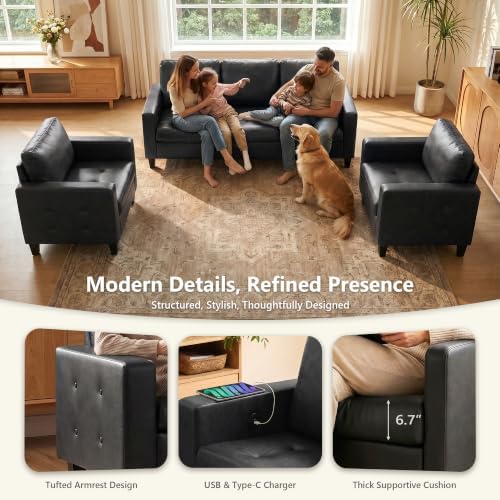 STHOUYN 73” Black Faux Leather Sofa, 3 Seater Couch - Image 6