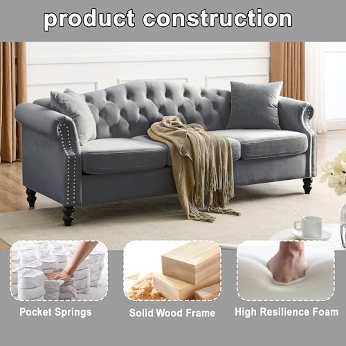 2 Piece Modern Grey Velvet 79" 3-Seater Sofa Sets, Chesterfield Button Tufted - Image 6