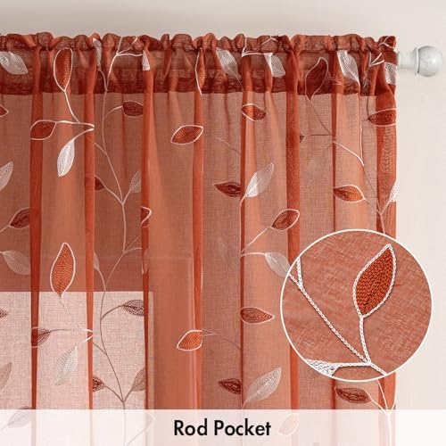 MIULEE Terracotta Sheer Fall Curtains 2 Panels Leaf Patterned, W52 x L54 - Image 6