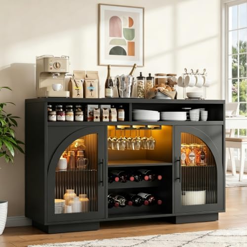 54" Coffee Bar Cabinet with Storage, LED Lights and Arched Glass Doors by SOLACEFURNITURE