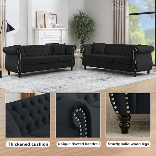 2 Piece Modern Black Velvet 80" 3-Seater Sofa Sets, Upholstered Tufted Backrests - Image 4