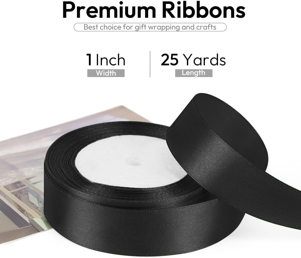 1 Inch 25 Yards Satin Ribbon Black, Solid Color Fabric Ribbon for Gift Wrapping, Wedding, Polyester Gift Ribbon for Birthday Party Decoration, Craft, Hair, Floral, Sewing