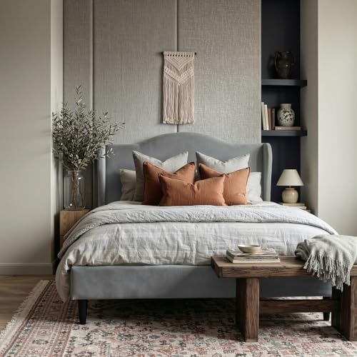 Allewie Queen Size Bed Frame, Plush Velvet Wingback, Modern Style - Image 3