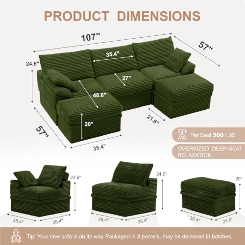 107" Boneless Couch with Storage, 48.6" Extra Deep-High Seat Modular Sectional - Image 3