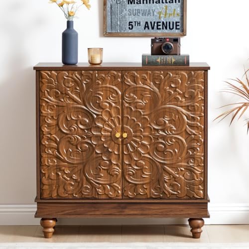31" Accent Storage Cabinet, Floral Embossed 2 Door Sideboard by WelcometoFurnitureSalon