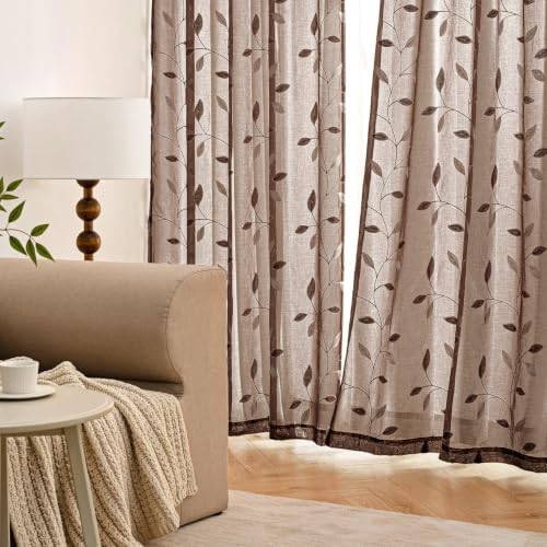 MIULEE Chocolate Brown Sheer Curtains 2 Panels Leaf Patterned, W52 x L63 - Image 3