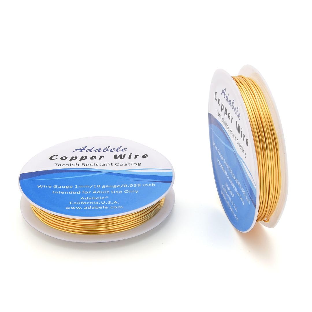 Adabele 65 Feet Premium Tarnish Resistant Round Jewelry Wire Copper Beading Wire Spool Bulk (1mm/18 Gauge) 18K Gold Plated for DIY Craft Jewelry Making BF286-10
