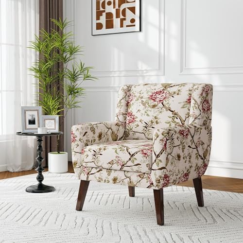 Accent Chair, Upholstered Armchair in Linen, Pattern Floral by Blissabod