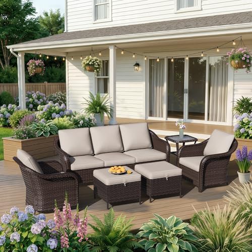 6 Piece Patio Wicker Conversation Set, All-Weather Use Outdoor Wicker Sofa by Qsoer