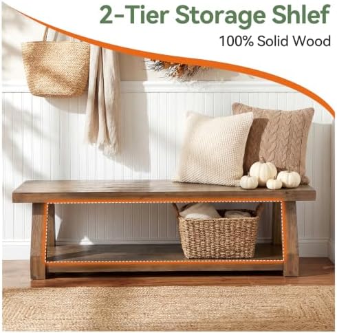 63" Solid Wood Bench, 2-Tier Entryway Bench - Image 7