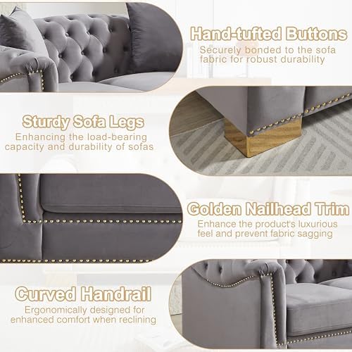 62" Chesterfield Loveseat Grey Velvet Combination Sofa, 2 Cushion Classic 6.5" - Image 3