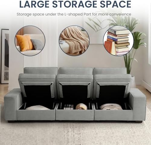 TEKAMON 100" Modular Sofa with Seats Storage, Comfy 3-Seater Chenille Fabric - Image 3