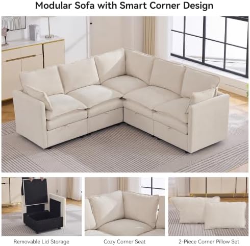 80" Beige Modular Storage Sofa, V Shaped Chenille Cloud Couch - Image 6