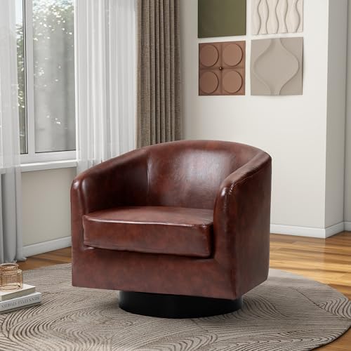 Pia Ricco Set of 4 Oversized Faux Leather 360° Swivel Barrel Accent Chair Red - Image 6