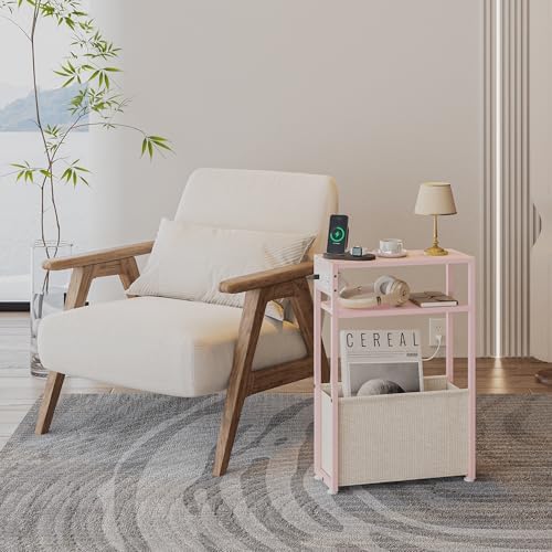 Leomonio Pink Side Table with Charging Station, Slim End Tables with Linen - Image 3