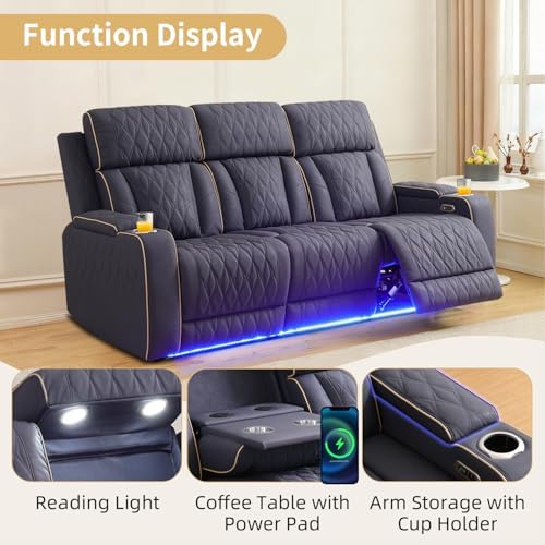 Power Recliner Sofa Set with LED Lights, Suede Leather Reclining Couch with - Image 3