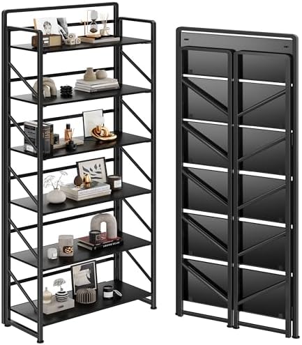 JSB No Assembly Folding Bookshelf, 6 Tier Industrial Metal Book Shelf by HomeFurniture