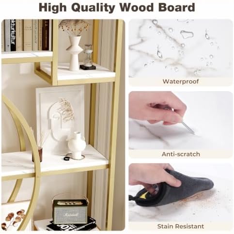 LGHM 79" W Luxury Marble-Patterned White Gold Bookshelf - Image 4