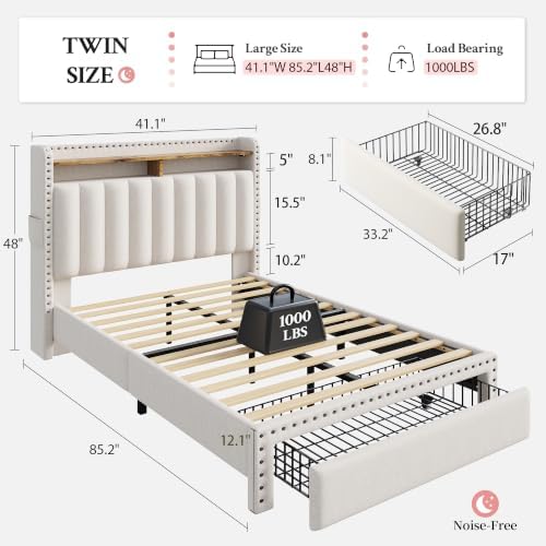 EnHomee Twin Bed Frame with Large Drawer & 2-Tier Storage Headboard Shelf - Image 2