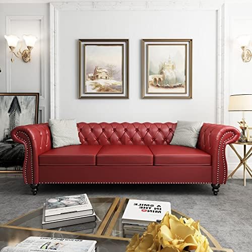 ORRD Chesterfield Sofa Leather, Modern PU Tufted Couch 3 Seater - Image 5