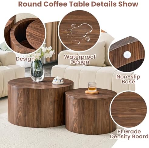LKTART Walnut Round Nesting Coffee Table Set of 2 - Image 4