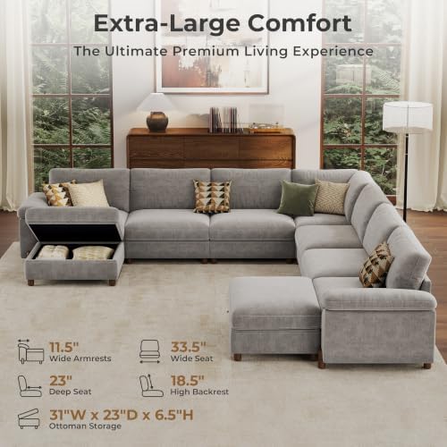 SITJOY Cloud Couch Sectional, 7 Seater V-Shaped, Chenille in Light Gray - Image 3