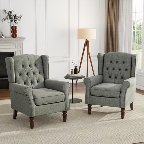 High Back Accent Chairs Set of 2, Wingback Armchair in Fabric by UIXE