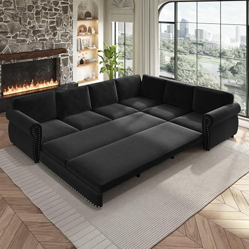 118" Chenille L-Shaped Pull-Out Sectional Chesterfield Sleeper Sofa by Unknown