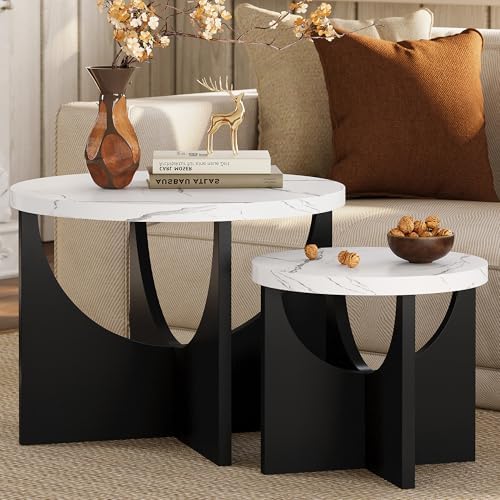 LIKIMIO Nesting Coffee Tables Set of 2, 23.6" Small Tables, Marble White by LIKIMIO
