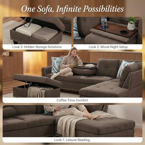 L-Shaped Couch Set, 97.5" L x 69.5" W Sectional Sofas Linen Brown - Image 4