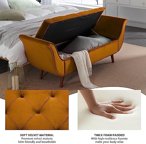 Storage Bench for Bedroom End of Bed, Velvet Upholstered Rolled Armed Button - Image 5