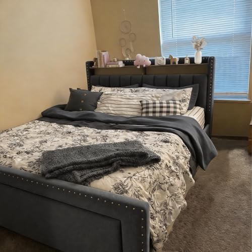 EnHomee Twin Bed Frame with Large Drawer & 2-Tier Storage Headboard Shelf - Image 6