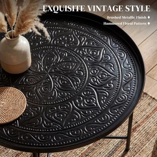 HOMCOM 24" Hammered Round Coffee Table Vintage Metal Side Table Black - Image 5
