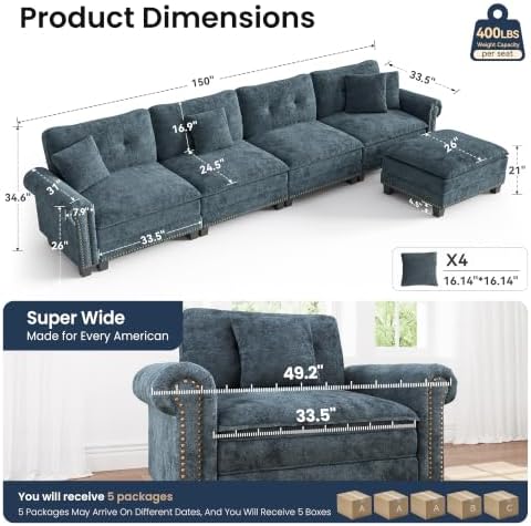 PHI VILLA 150" Oversized Modular Sectional Couch L Shaped - Image 2