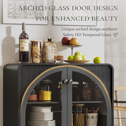 Sideboard Buffet Cabinet with Storage, Arched Glass Doors and Adjustable Shelves - Image 6