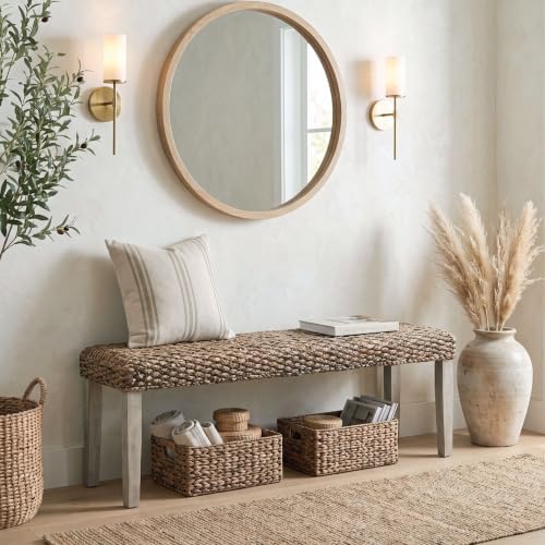 Solid Acacia Wood Bench with Natural Woven Water Hyacinth Seat by AVCONNECT