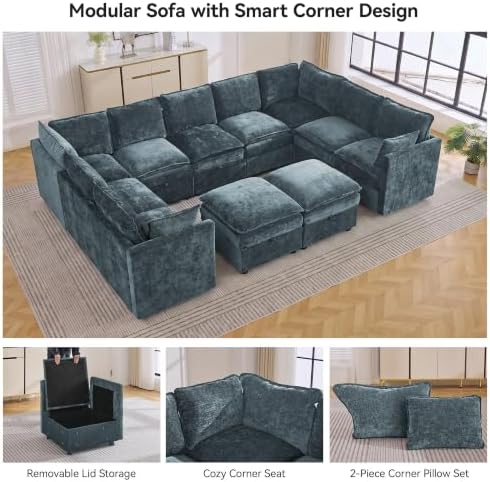130" Blue Oversized Modular Storage Sofa, U Shaped Chenille Cloud Couch - Image 6
