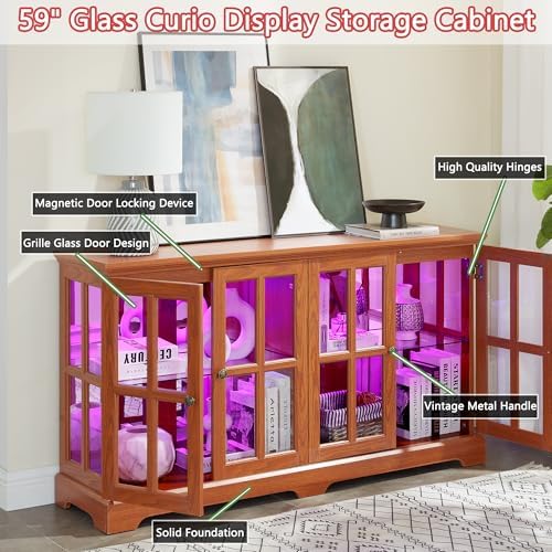 59" Glass Curio Display Storage Cabinet, 4 Doors LED Light Multipurpose - Image 4