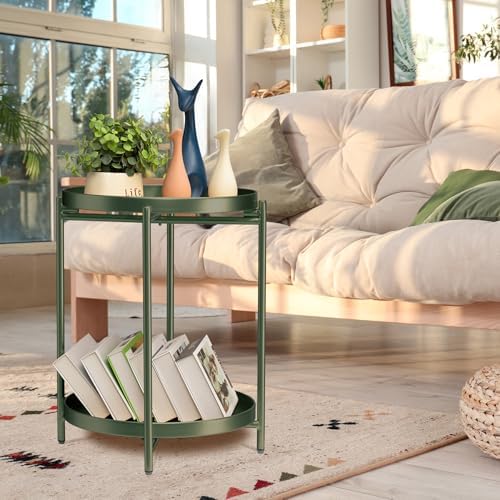 TeoKJ 2 Tier Green Side Table, Folding Round Metal End Table Small Nightstand - Image 2