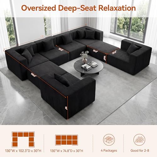MONVANE Oversized U-Shaped 8 Seat Modular Sectional Sofa, Jet Black - Image 3