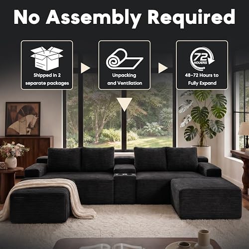 140" U-Shape Corduroy Boneless Couch, Modular Sectional Sofa Black - Image 7
