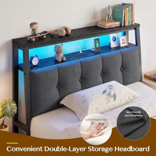 Homkdom Twin Bed Frame with Upholstered Headboard & Charging Station - Image 3