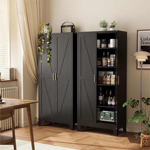 COFaR 71" Modern Pantry Cabinet in Black, 5-Tier Storage Cabinet by COFAR