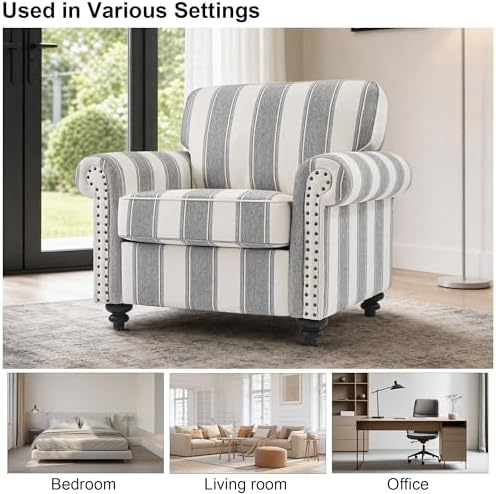 Striped Accent Chair, Comfy Reading Armchair, Light Grey - Image 5