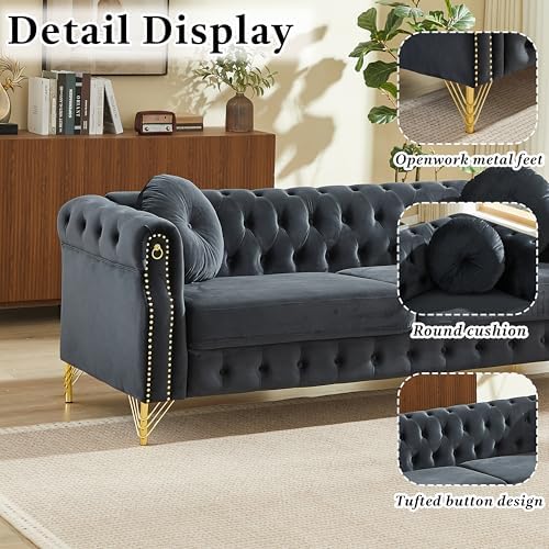 2 Pieces Black Velvet Chesterfield 82" 3-Seater Sofa Sets - Image 4